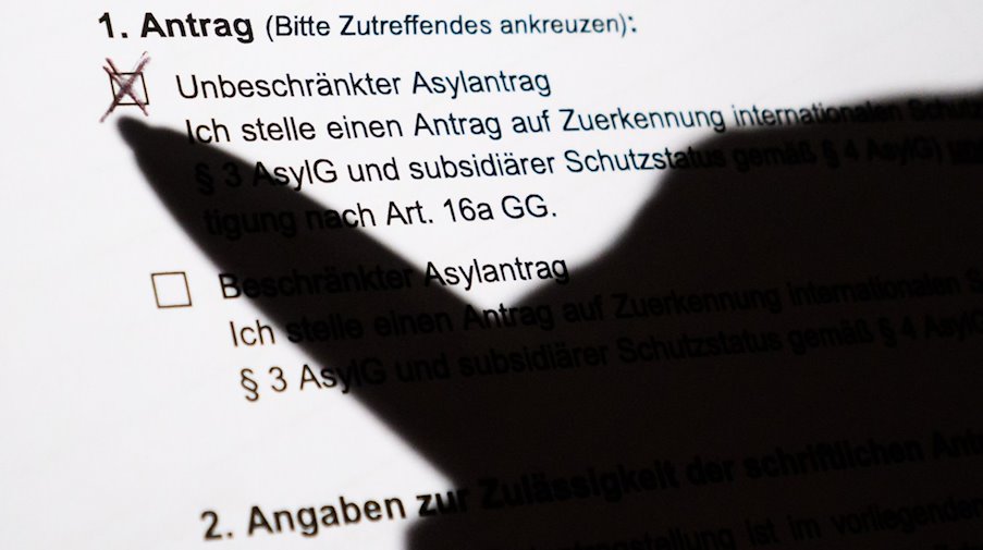 The shadow of a ballpoint pen is silhouetted on an asylum application. / Photo: Julian Stratenschulte/dpa/Illustration