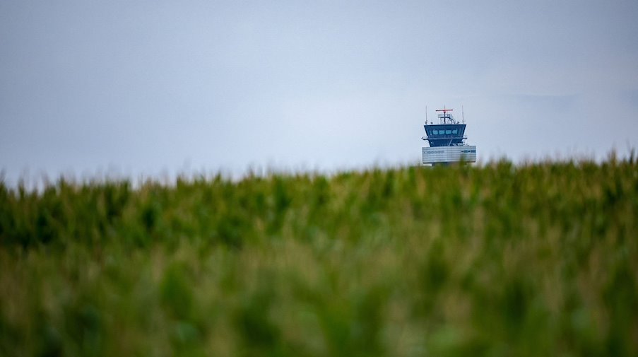 Der Tower des Flughafens Leipzig-Halle ist hinter einem Maisfeld zu sehen. / Foto: Jan Woitas/dpa