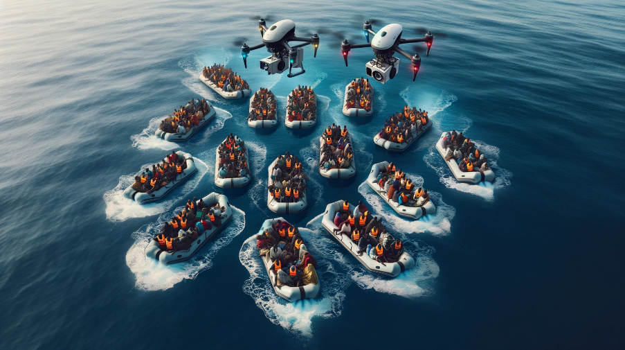 Drohnen überwachen Flüchtlingsboote (Bild: Erstellt mit DALL-E von OpenAI)