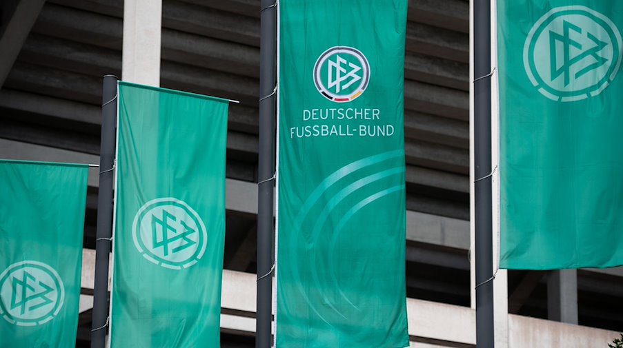 Vista de banderas con el logotipo de la Federación Alemana de Fútbol / Foto: Fabian Strauch/dpa/Symbolbild