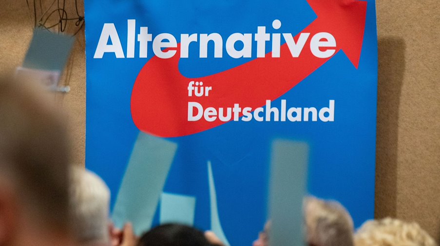 A poster with the words "Alternative for Germany" hangs at an AfD party conference. / Photo: Stefan Sauer/dpa/archive image