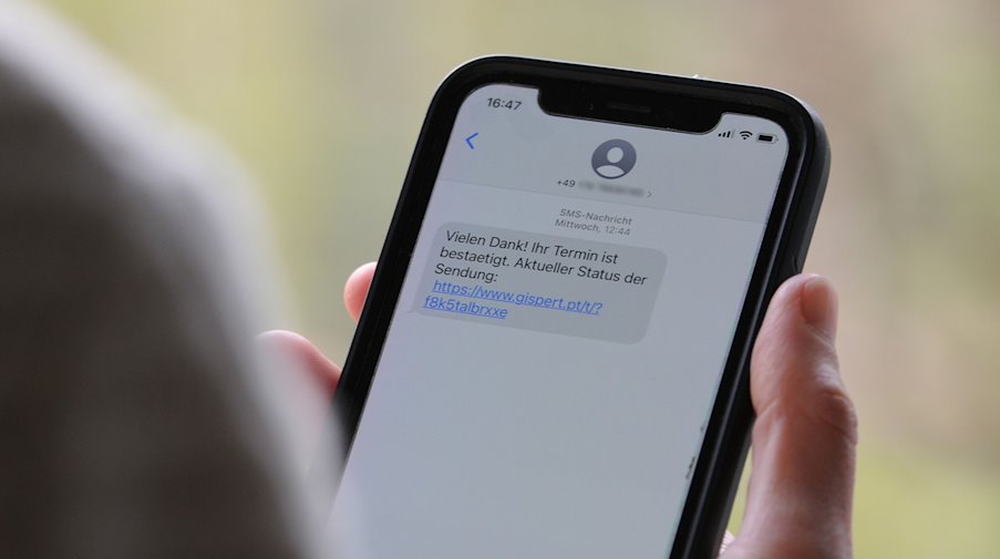 Eine Frau hält ein Smartphone in der Hand, auf dessen Display eine Betrugs-SMS zu lesen ist. / Foto: Wolf von Dewitz/dpa/Symbolbild