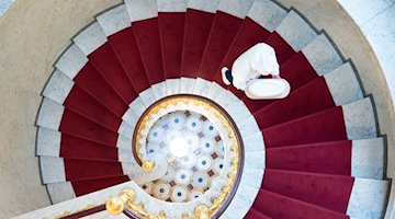 Andreas Wippler, master baker, carries a stollen up a spiral staircase / Photo: Sebastian Kahnert/dpa