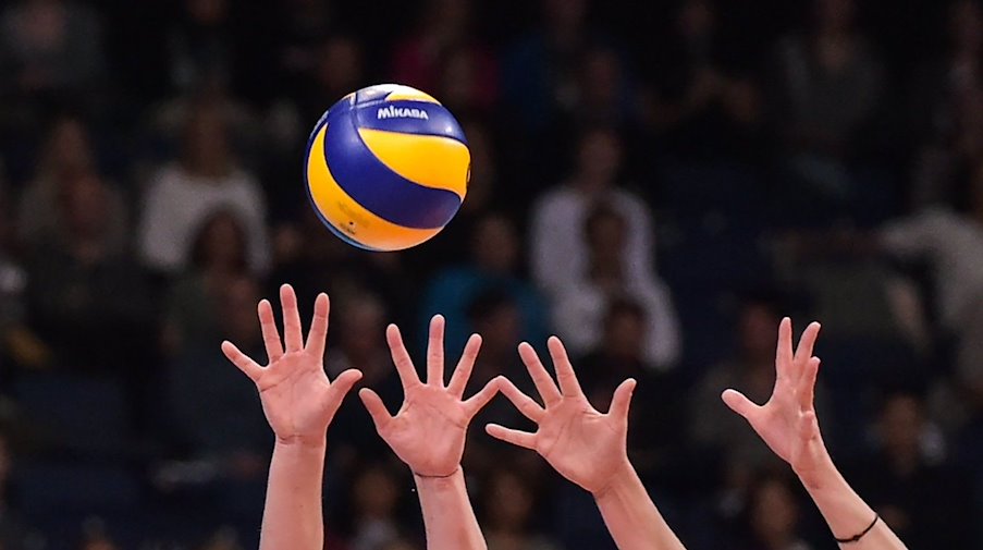 Hände verfolgen einen Volleyball. / Foto: Silas Stein/dpa