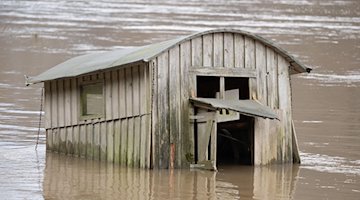 Ein Holzhaus versinkt im Hochwasser der Elbe. Die Hochwasserlage bleibt in Sachsen vor allem an der Elbe angespannt. / Foto: Sebastian Kahnert/dpa