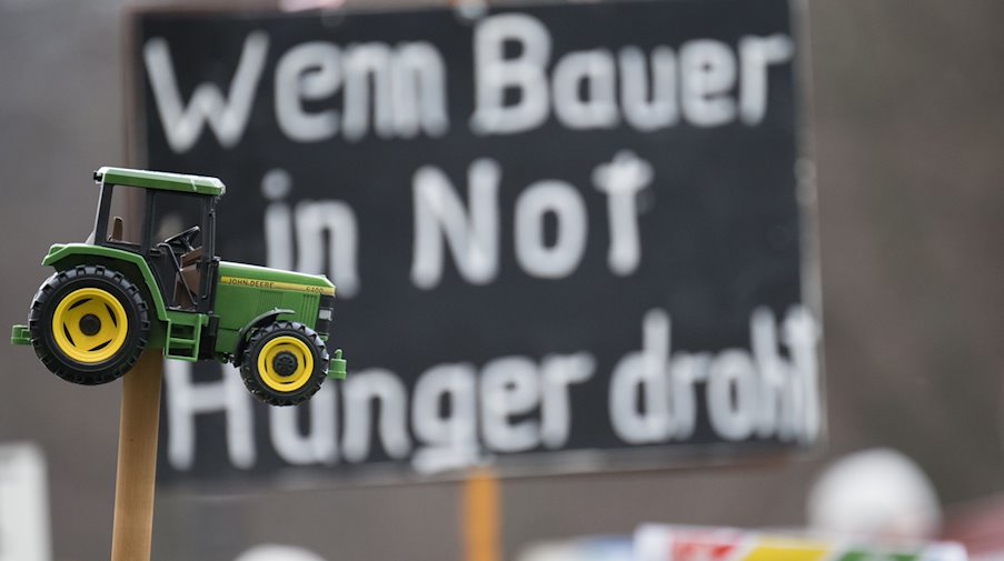 "Wenn Bauer in Not Hunger droht" steht während einer Protestdemonstration hinter einem Spielzeugtraktor. / Foto: Sebastian Christoph Gollnow/dpa