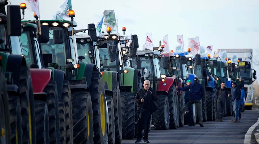 Landwirte versammeln sich. / Foto: Christophe Ena/AP/dpa