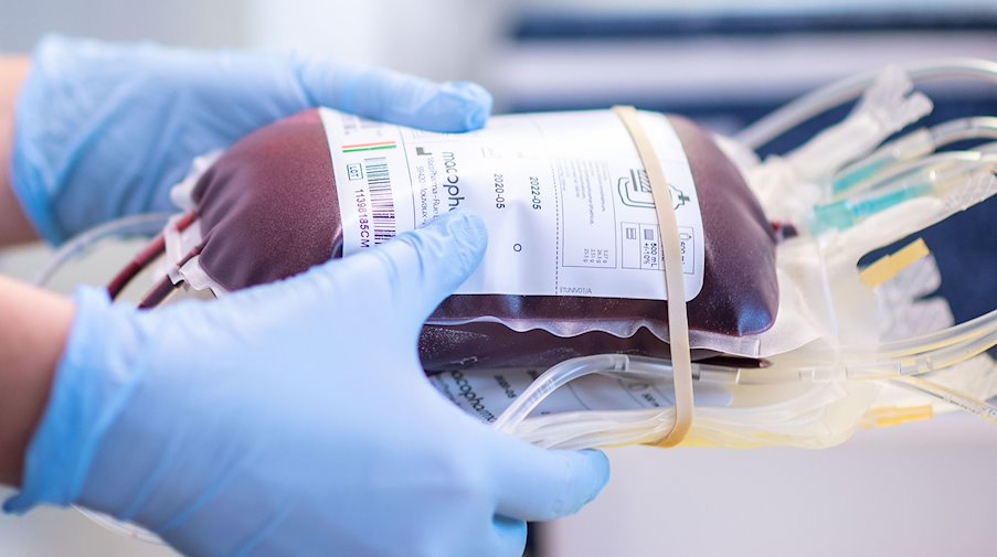 Працівниця центру переливання крові тримає в руках пакет з кров'ю. / Фото: Marius Becker/dpa/Symbolic image