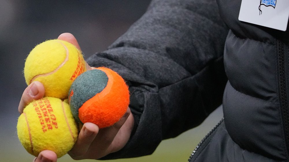 Ein Ordner hat drei Tennisbälle aufgesammelt, die von Hertha-Fans aufs Spielfeld geworfen worden waren. / Foto: Soeren Stache/dpa