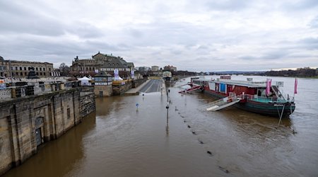 Der Theaterkahn liegt in der Elbe am überfluteten Terrassenufer. Am Mittwoch wurde an dem Fluss wieder Alarmstufe 1 erreicht. / Foto: Daniel Schäfer/dpa