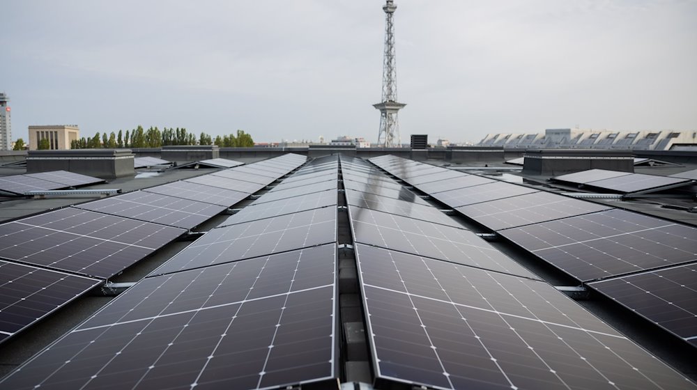 Solarpanels sind vor einem Pressetermin zum Bau von Berlins größter Photovoltaik-Anlage der Stadtwerke und Messe auf dem Dach der Messe Berlin vor dem Funkturm zu sehen. / Foto: Christoph Soeder/dpa