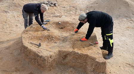 Mitarbeiter vom Landesamt für Archäologie (LfA) arbeiten bei archäologischen Untersuchungen. / Foto: Sebastian Kahnert/dpa