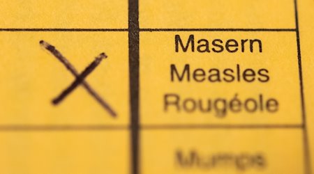 يحتوي جواز سفر التطعيم على علامة على التطعيم ضد الحصبة على طاولة. / صورة: توم ويلر/دبا