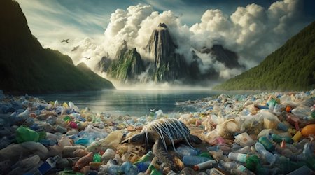 Plastikmüll in einer Meeresbucht (Bild: KI-generiert mit DALL-E)
