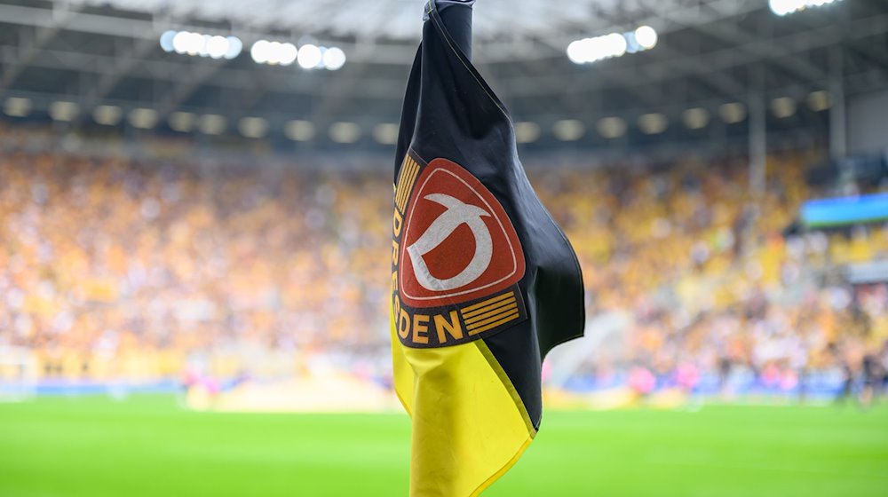 Eine Eckfahne mit dem Logo des Vereins Dynamo Dresden steht an der Ecke des Spielfeldes. / Foto: Robert Michael/dpa/Symbolbild