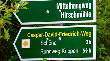 Ein Richtungspfeil für den Caspar-David-Friedrich Weg. / Foto: Robert Michael/dpa