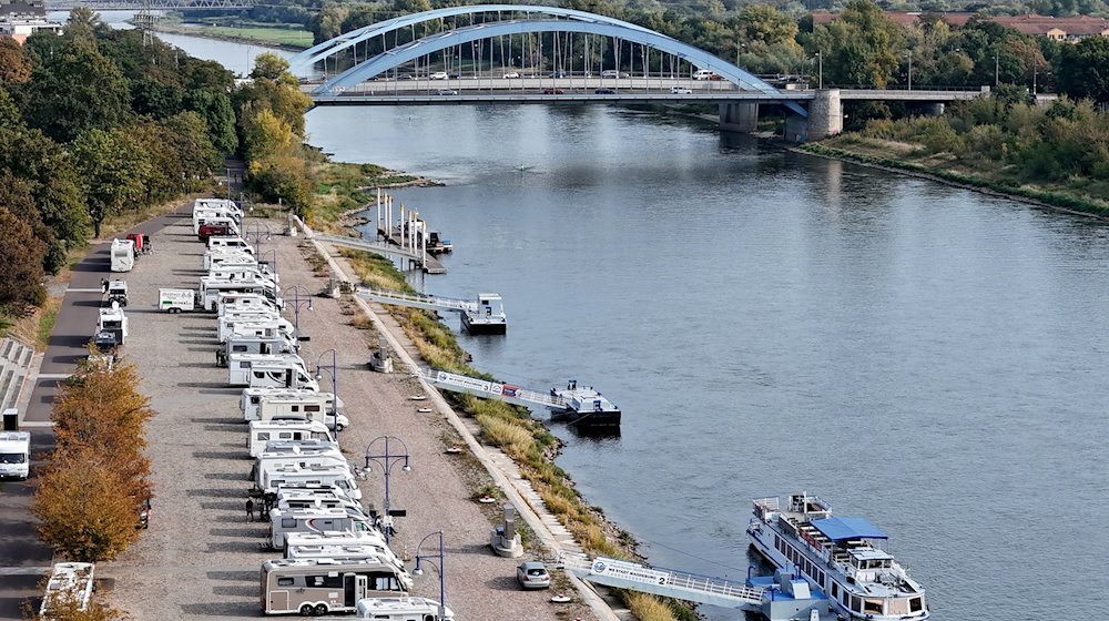 Motorhomes and campers are densely packed on the Petriförder parking lot on the Elbe in the state capital / Photo: Peter Gercke/dpa-Zentralbild/dpa