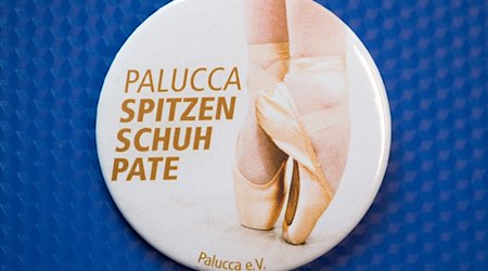 Ein Ansteckbutton der Palucca Hochschule für Tanz mit der Aufschrift «Palucca Spitzenschuhpate» liegt auf einem Tisch. / Foto: Sebastian Kahnert/dpa-Zentralbild/dpa/Archivbild