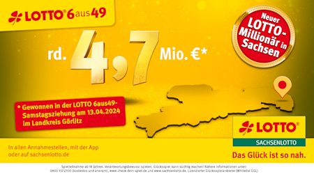 Ein Lottospieler aus dem Landkreis Görlitz fand mit seinen „6 Richtigen plus Superzahl“ die Nadel im Heuhaufen. Bundesweit war er der einzige Mitspieler, der in der Samstagsziehung vom 13. April den Lottojackpot geknackt hat. Er gewinnt genau 4.697.022,90 Euro. 