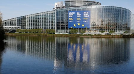 Eine riesige Leinwand, die für die Europa-Wahlen wirbt, ist am Europäischen Parlament in Straßburg zu sehen. / Foto: Jean-Francois Badias/AP/dpa