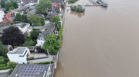 Das Wasser des Rheins steht hoch und nahe am Ufer bei den Häusern. / Foto: Sascha Thelen/dpa