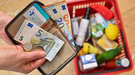A woman holds money in her hand in front of a full shopping basket of groceries. / Photo: Patrick Pleul/dpa