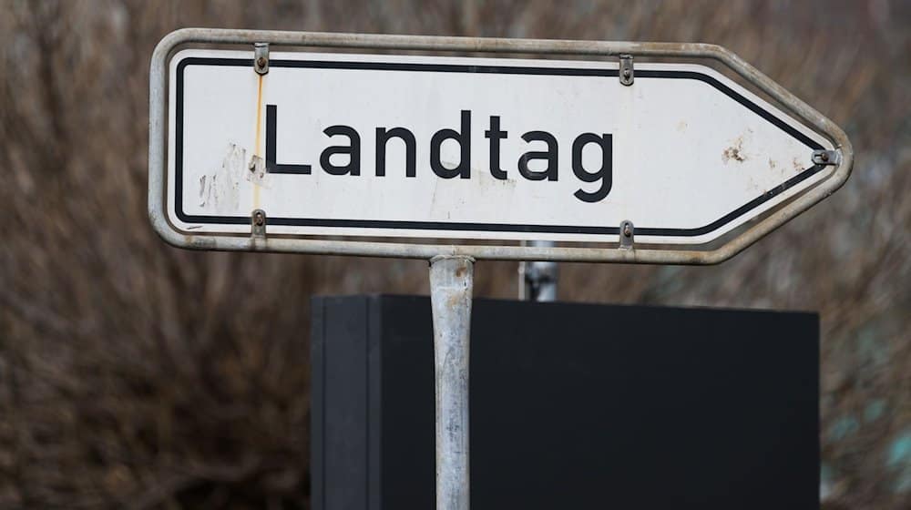 Ein Richtungsschild „Landtag“ steht an einer Straße in der Innenstadt. / Foto: Robert Michael/dpa