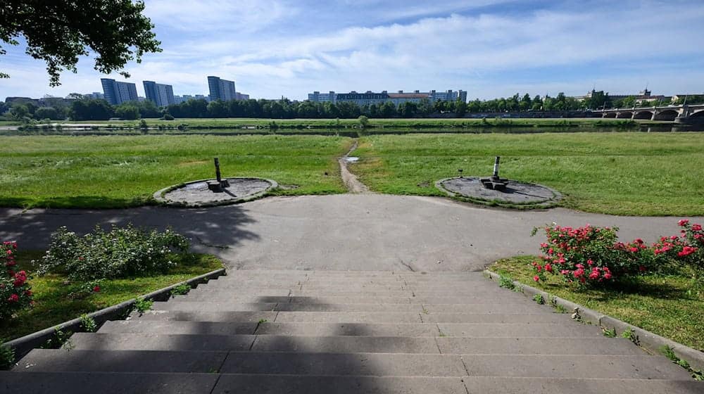 Blick auf die Elbwiesen am Rosengarten. Bei einem Blitzeinschlag waren am 20. Mai 2024 zehn Menschen in dieser Gegend zum Teil schwer verletzt worden. / Foto: Robert Michael/dpa