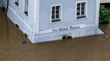 Ein Haus mit dem Schriftzug «Zur blauen Donau» steht im Hochwasser der Donau. / Foto: Armin Weigel/dpa