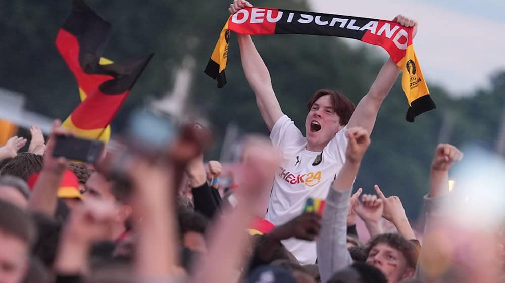 Germany fans cheer after the 3:0 goal during the live broadcast. / Photo: Marcus Brandt/dpa/Symbolic image