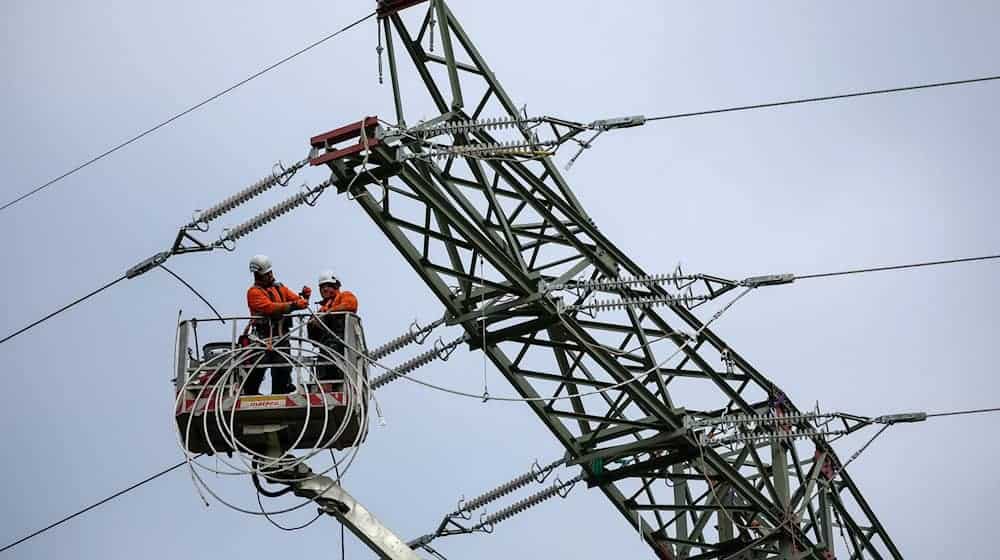 العمال يجددون خط كهرباء فولتية عالية 110 كيلو فولت لمشغل شبكة الكهرباء Mitnetz. / صورة: جان وويتاس / دبا