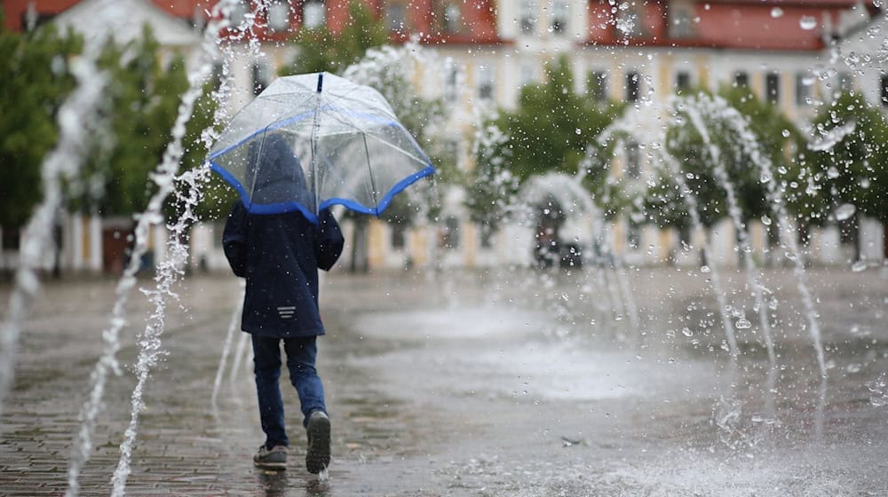 Ein Kind geht mit einem Schild bei Regenwetter durch ein Wasserspiel auf dem Domplatz. / Foto: Matthias Bein/dpa-Zentralbild/dpa