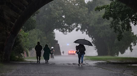 Menschen sind bei starkem Regen in Dresden während eines Gewitters auf dem Elberadweg unterwegs. / Foto: Robert Michael/dpa