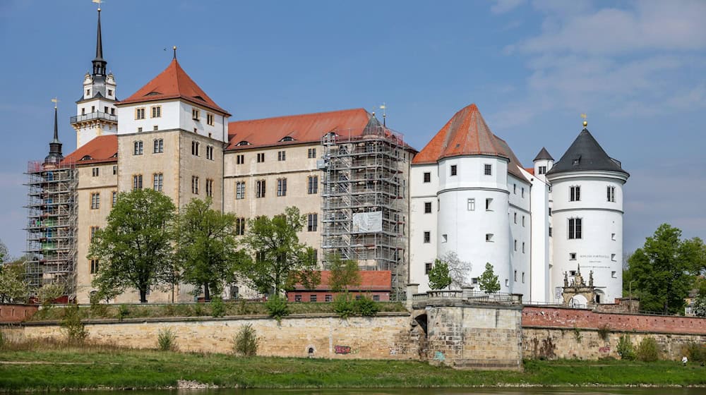 Die Fassade von Schloss Hartenstein an der Elbe wird saniert. (Archivbild) / Foto: Jan Woitas/dpa