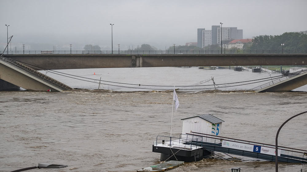 Die Hochwasser führende Elbe fließt an der teilweise eingestürzten Carolabrücke entlang. / Foto: Robert Michael/dpa