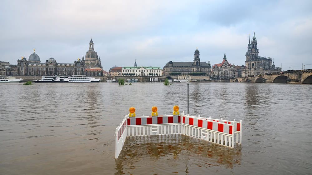 Die Hochwasser führende Elbe vor der Dresdner Altstadtkulisse. / Foto: Robert Michael/dpa