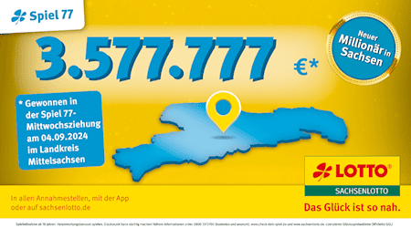 Mit 3.577.777 Euro machte die Ziehung am Mittwoch einen Spiel 77-Spieler aus dem Landkreis Mittelsachsen zum Sachsenlotto-Millionär.