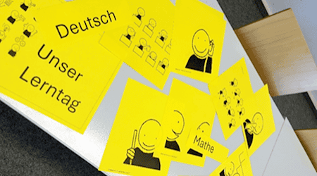 View from above of a desk with learning materials in a learning room. On it are lots of yellow pieces of paper with smileys, an organization chart to fill in and the words "Our learning day", German, Maths and English.