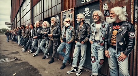 Eine Gruppe älterer Heavy-Metal-Fans mit Lederjacken wartet vor einer Konzertlocation auf das Saxon-Konzert