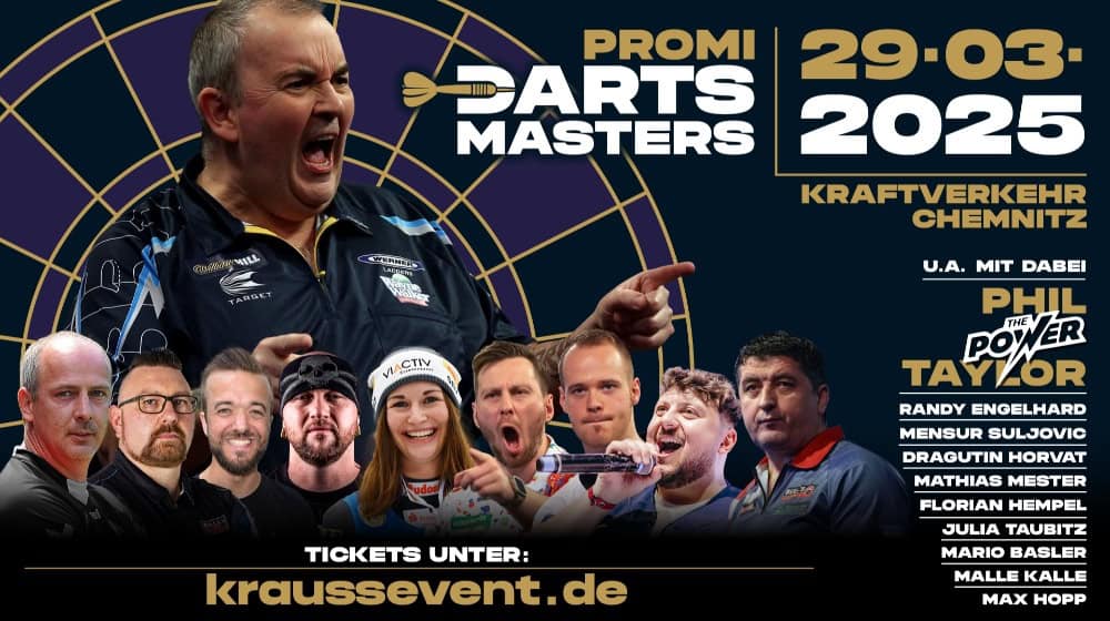 Offizieller Flyer des Promi Darts Masters 2025 in Chemnitz