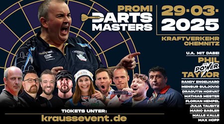 Offizieller Flyer des Promi Darts Masters 2025 mit Fotos von Profis und Promis