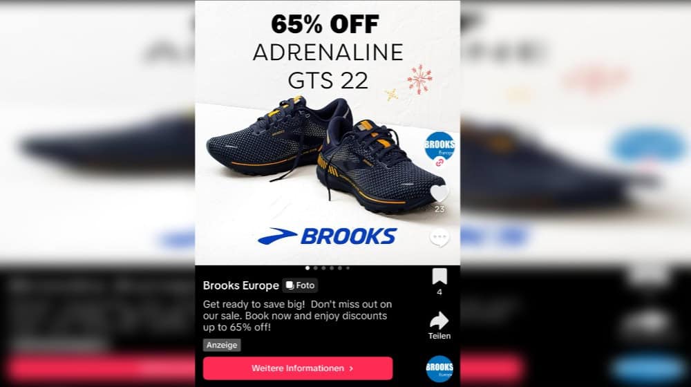 Tienda falsa de Brooks Running (Imagen: Captura de pantalla del anuncio de TikTok)