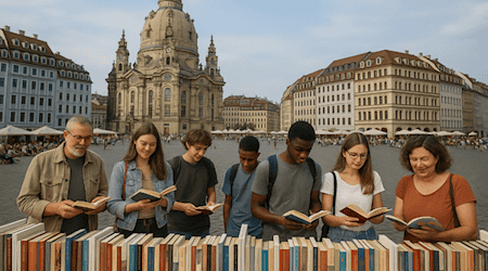 Second Hand-Büchermarkt entsteht beim Palais Sommer auf dem Dresdner Neumarkt, Bild: ChatGPT