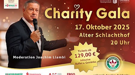 Offizielles Veranstaltungsplakat der Charity-Gala 2025 in Dresden mit Joachim Llambi als Moderator, inklusive Datum, Ort und Ticketpreis.
