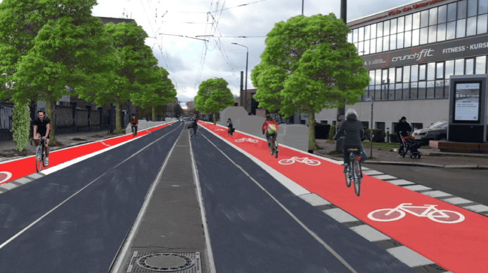 Visualisierung eines Radweges auf der Zschocherschen Straße in Blickrichtung Süden / Bildbearbeitung: Ökolöwe – Umweltbund Leipzig e.V.