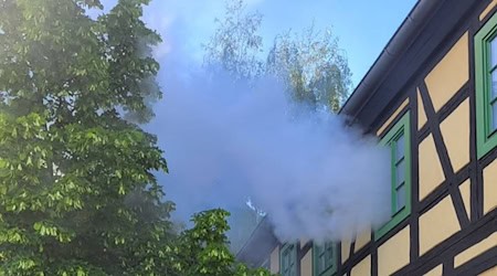 Rauch dringt aus der Teichmühle. Es ist kein echter. Foto: Feuerwehr 