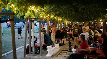 Menschen sitzen unter beleuchteten Bäumen und genießen die offene Atmosphäre der Katzenwirtschaft beim Festival Karierte Katze im Palaisgarten Dresden.
