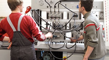 In einem Bildungs- und Technologiezentrum der Handwerkskammer arbeiten angehende Kraftfahrzeugmechatroniker an einer hydraulischen Anlage. (Archivbild) / Foto: picture alliance / ZB