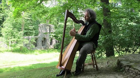 Stefan Weyh lädt mit seiner Harfe zum "Singenden, klingenden Klosterpark" in den Klosterpark Altzella ein. Foto: Juliane Schikade