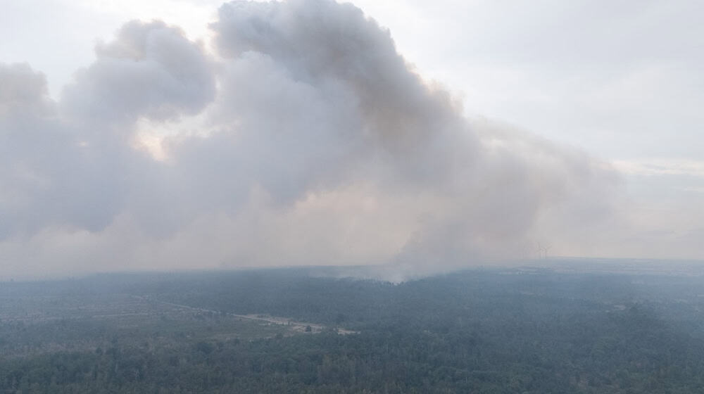 Bei dem Waldbrand in der Gohrischheide erkundet ein Hubschrauber die Brandfläche. / Foto: Sebastian Kahnert/dpa